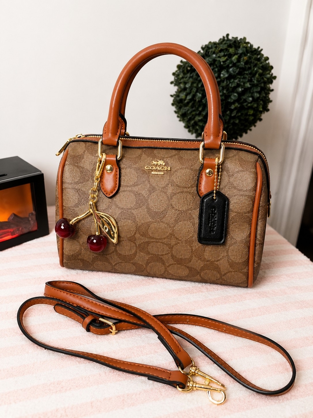 Coach Tan/Brown Signature Canvas Mini Satchel with Cherry Charm